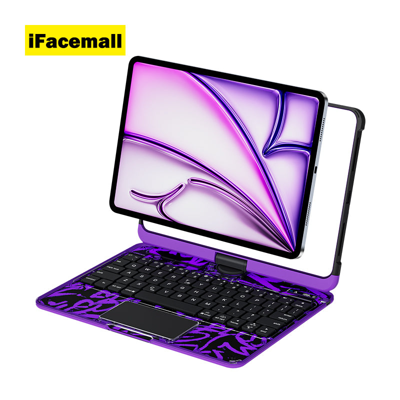 2026 iFacemall Y2K Pink 360° Rotatable iPad Magic Keyboard with 7-Color Backlight & Transparent Case with Pencil Holder