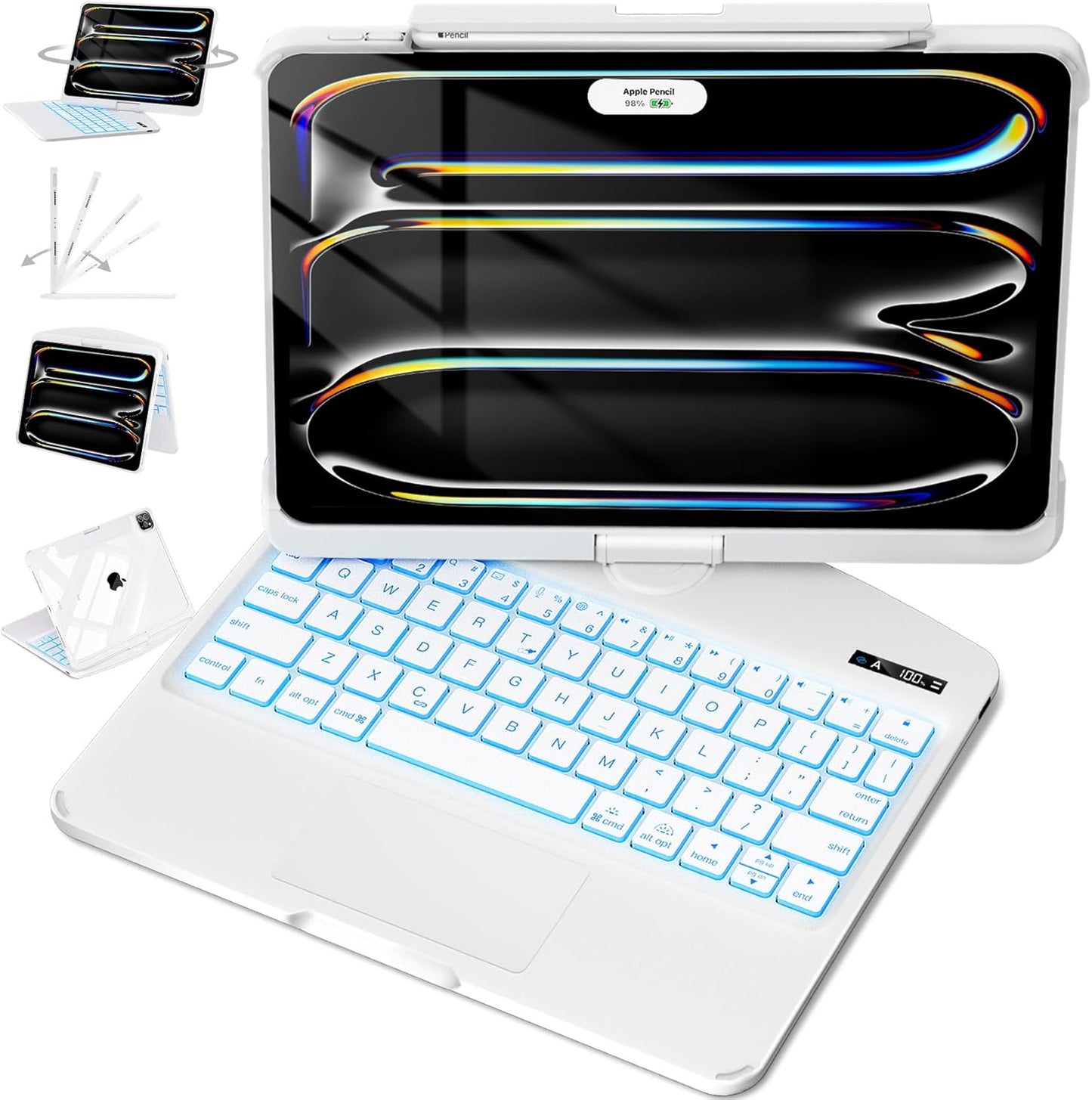 iFacemall White Keyboard Case for iPad,360° Rotating Multi-Touch Trackpad, 7-Color Backlit Keyboard, Compatible with Apple All Model released from 2018 to 2026