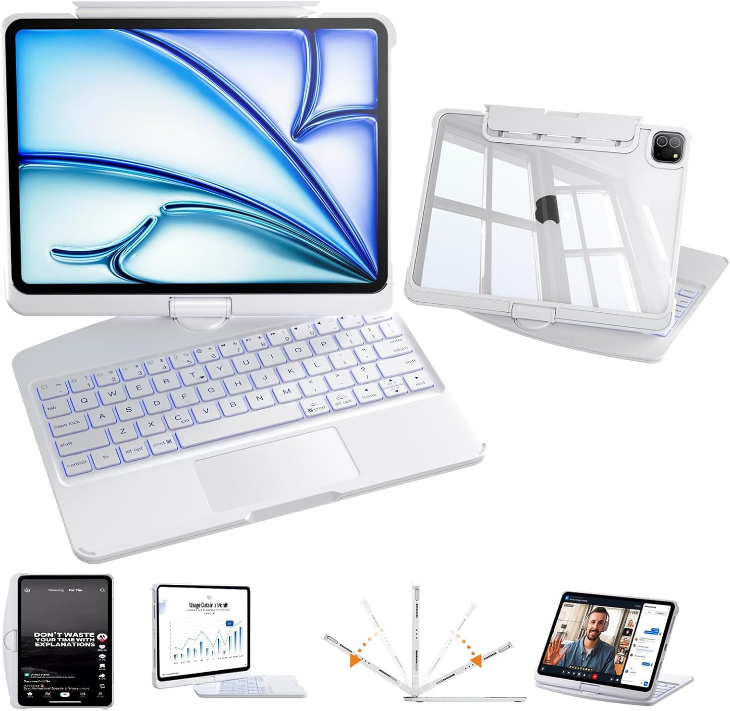 iFacemall White Keyboard Case for iPad,360° Rotating Multi-Touch Trackpad, 7-Color Backlit Keyboard, Compatible with Apple All Model released from 2018 to 2026