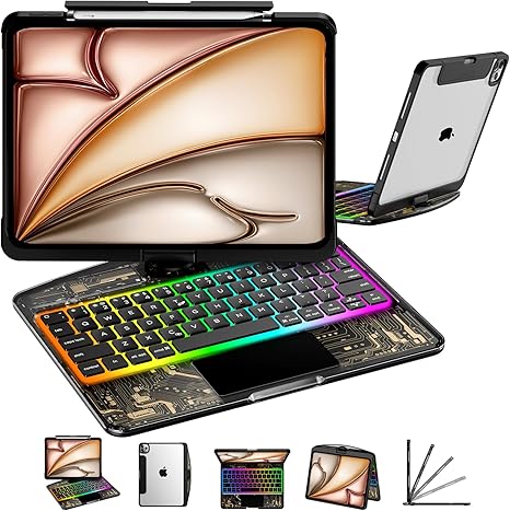 iFacemall Black & Gold iPad Keyboard Case – 360° Rotating, RGB Backlit, Multi-Touch Trackpad & Transparent Chip Panel