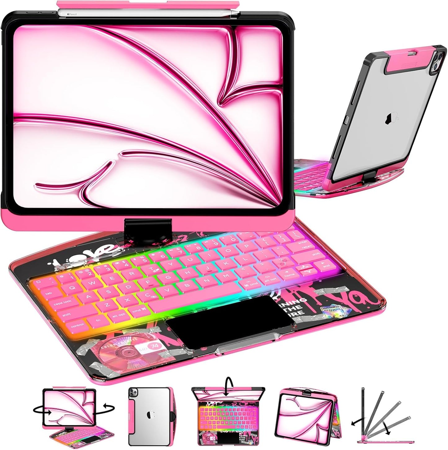 2026 New Y2K Orange iPad Magic Keyboard Case | 360° Rotatable Keyboard with 7-Color Backlight, Transparent Cover & Pencil Holder for iPad 2018-2026