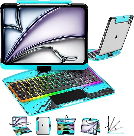 iFacemall Y2K Blue 360° Rotating iPad Magic Keyboard – Multi-Touch Trackpad, RGB Backlight, Transparent Case & Pencil Holder