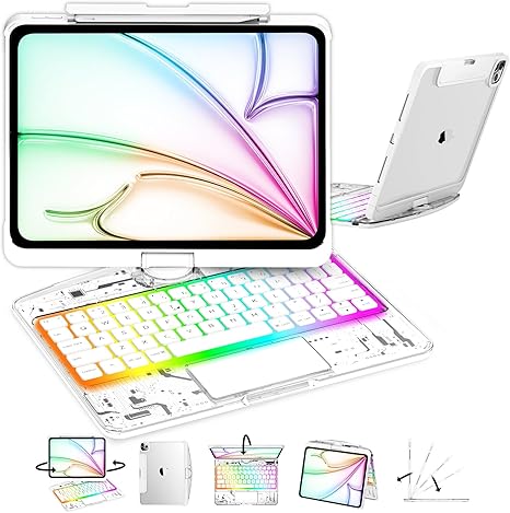 iFacemall Black & Gold iPad Keyboard Case – 360° Rotating, RGB Backlit, Multi-Touch Trackpad & Transparent Chip Panel
