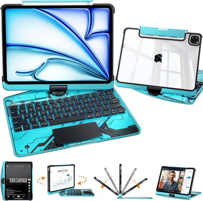 iFacemall Y2K Blue 360° Rotating iPad Magic Keyboard – Multi-Touch Trackpad, RGB Backlight, Transparent Case & Pencil Holder