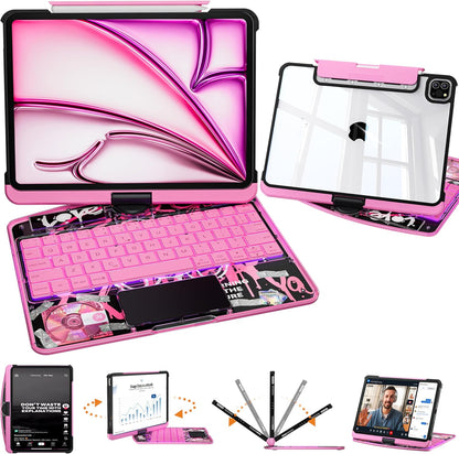 2026 iFacemall Y2K Pink 360° Rotatable iPad Magic Keyboard with 7-Color Backlight & Transparent Case with Pencil Holder