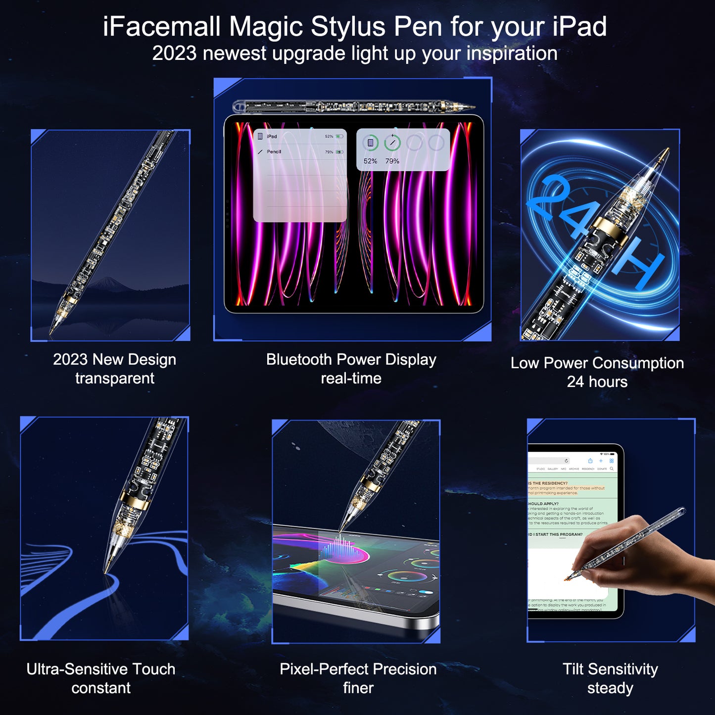 2023 iFacemall Stylus Pen for iPad with Magnetic Wireless Charging, Palm Rejection & High Precision