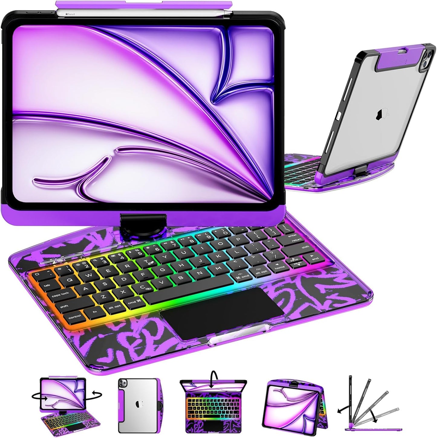 iFacemall Y2K Blue 360° Rotating iPad Magic Keyboard – Multi-Touch Trackpad, RGB Backlight, Transparent Case & Pencil Holder