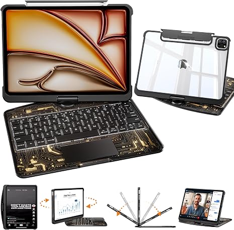iFacemall 2024 iPad Air 13" Keyboard Case (M2, 2024) – 360° سووڕاوە فرە دەست لێدان تراکپاد، کیبۆرد RGB ڕووناکی پشتەوە، پشتەوە شەفاف و پانێڵی چیپ، هەڵگری قەڵەم، جۆری C شەحنکردنەوە