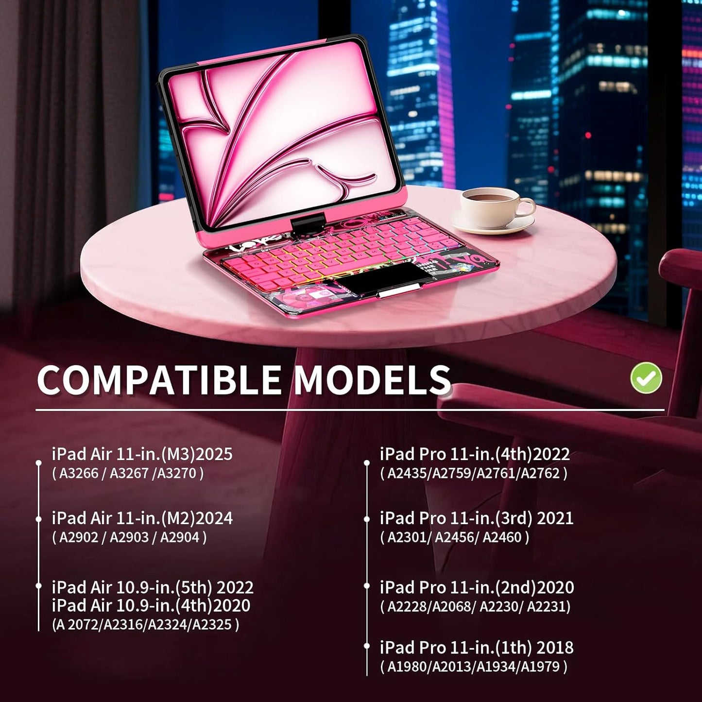 2026 iFacemall Y2K Pink 360° Rotatable iPad Magic Keyboard with 7-Color Backlight & Transparent Case with Pencil Holder