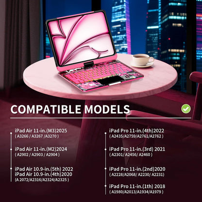 2026 iFacemall Y2K Pink 360° Rotatable iPad Magic Keyboard with 7-Color Backlight & Transparent Case with Pencil Holder