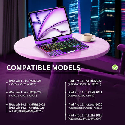 iFacemall Y2K Purple iPad Magic Keyboard Case – 360° Rotating, RGB Backlight, Multi-Touch Trackpad, Pencil Holder & Type-C Charging
