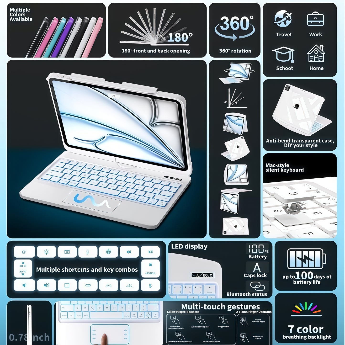 iFacemall White Keyboard Case for iPad,360° Rotating Multi-Touch Trackpad, 7-Color Backlit Keyboard, Compatible with Apple All Model released from 2018 to 2026