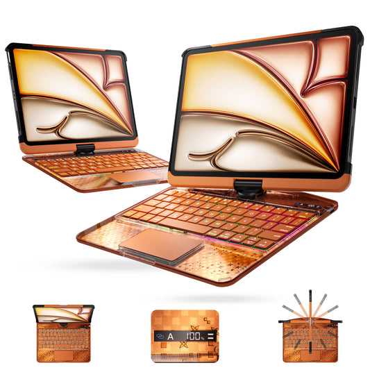 2026 New Y2K Orange iPad Magic Keyboard Case | 360° Rotatable Keyboard with 7-Color Backlight, Transparent Cover & Pencil Holder for iPad 2018-2026