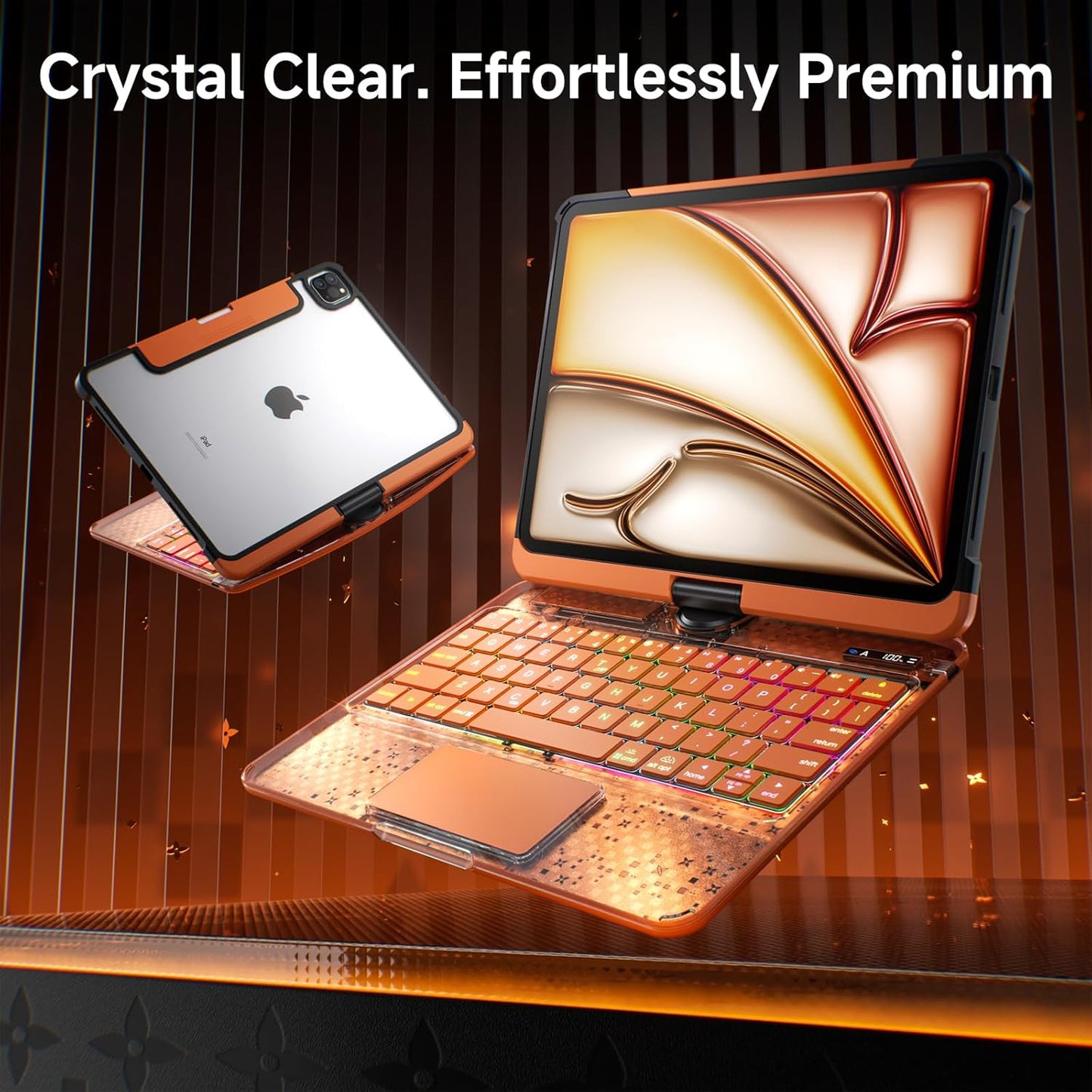 2026 New Y2K Orange iPad Magic Keyboard Case | 360° Rotatable Keyboard with 7-Color Backlight, Transparent Cover & Pencil Holder for iPad 2018-2026