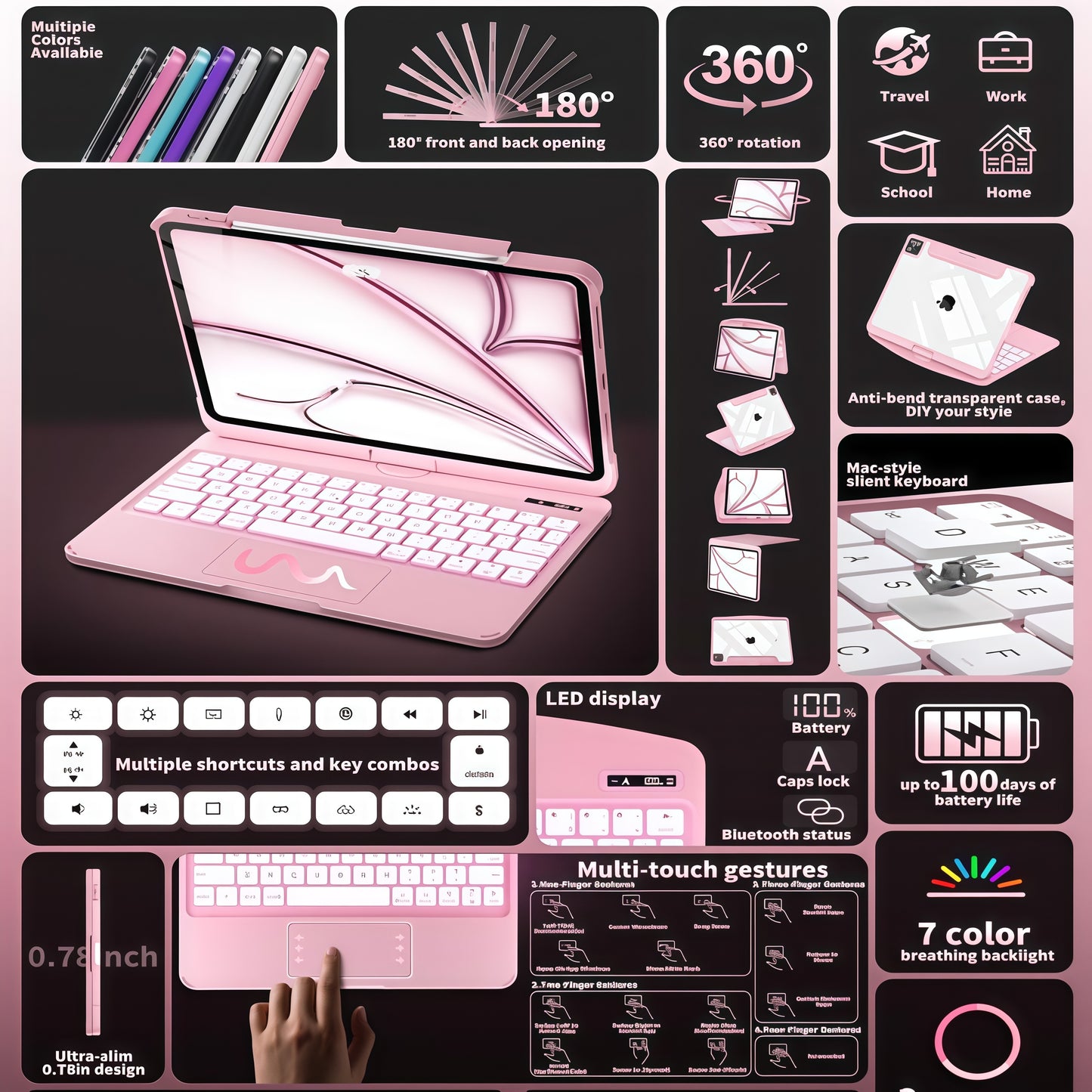 iFacemall Blush Pink Keyboard Case for iPad ,Touch Case 360° Rotating with Keyboard for iPad 12.9 inch,Trackpad,7-Colors Backlit
