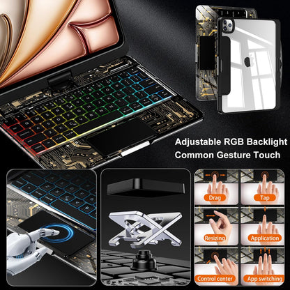 iFacemall Black & Gold iPad Keyboard Case – 360° Rotating, RGB Backlit, Multi-Touch Trackpad & Transparent Chip Panel