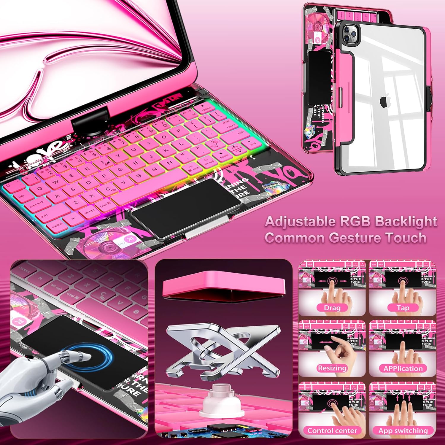 2026 iFacemall Y2K Pink 360° Rotatable iPad Magic Keyboard with 7-Colo