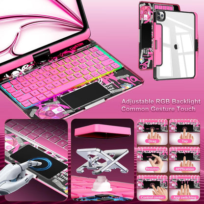 2026 iFacemall Y2K Pink 360° Rotatable iPad Magic Keyboard with 7-Color Backlight & Transparent Case with Pencil Holder