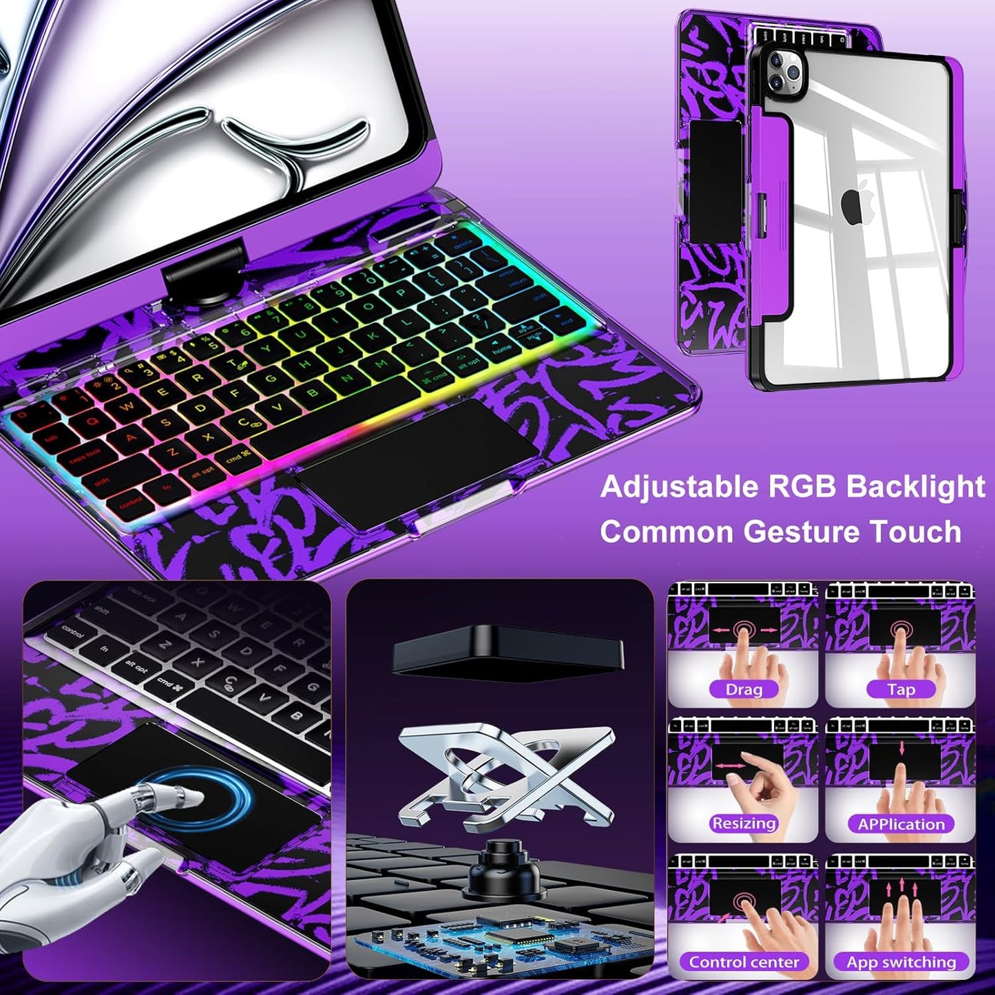 iFacemall Y2K Purple iPad Magic Keyboard Case – 360° Rotating, RGB Backlight, Multi-Touch Trackpad, Pencil Holder & Type-C Charging