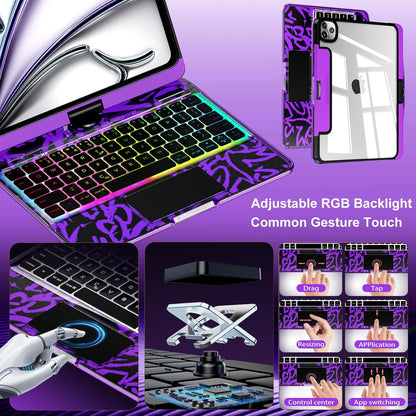 iFacemall Y2K Purple iPad Magic Keyboard Case – 360° Rotating, RGB Backlight, Multi-Touch Trackpad, Pencil Holder & Type-C Charging