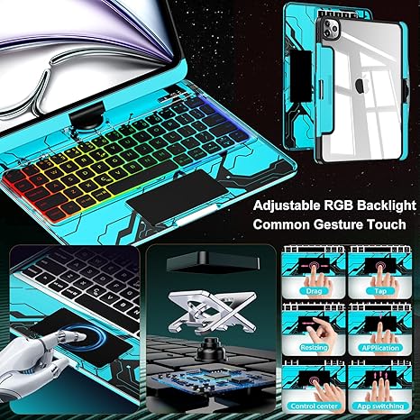iFacemall Y2K Blue 360° Rotating iPad Magic Keyboard – Multi-Touch Trackpad, RGB Backlight, Transparent Case & Pencil Holder