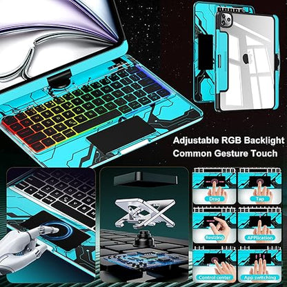 iFacemall Y2K Blue 360° Rotating iPad Magic Keyboard – Multi-Touch Trackpad, RGB Backlight, Transparent Case & Pencil Holder