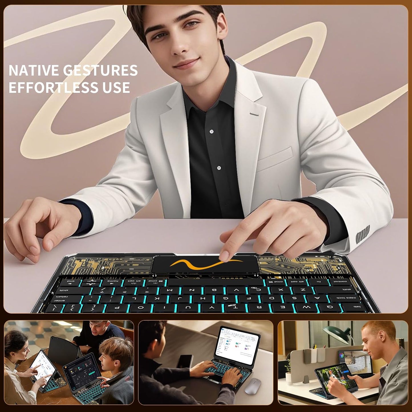 iFacemall Black & Gold iPad Keyboard Case – 360° Rotating, RGB Backlit, Multi-Touch Trackpad & Transparent Chip Panel