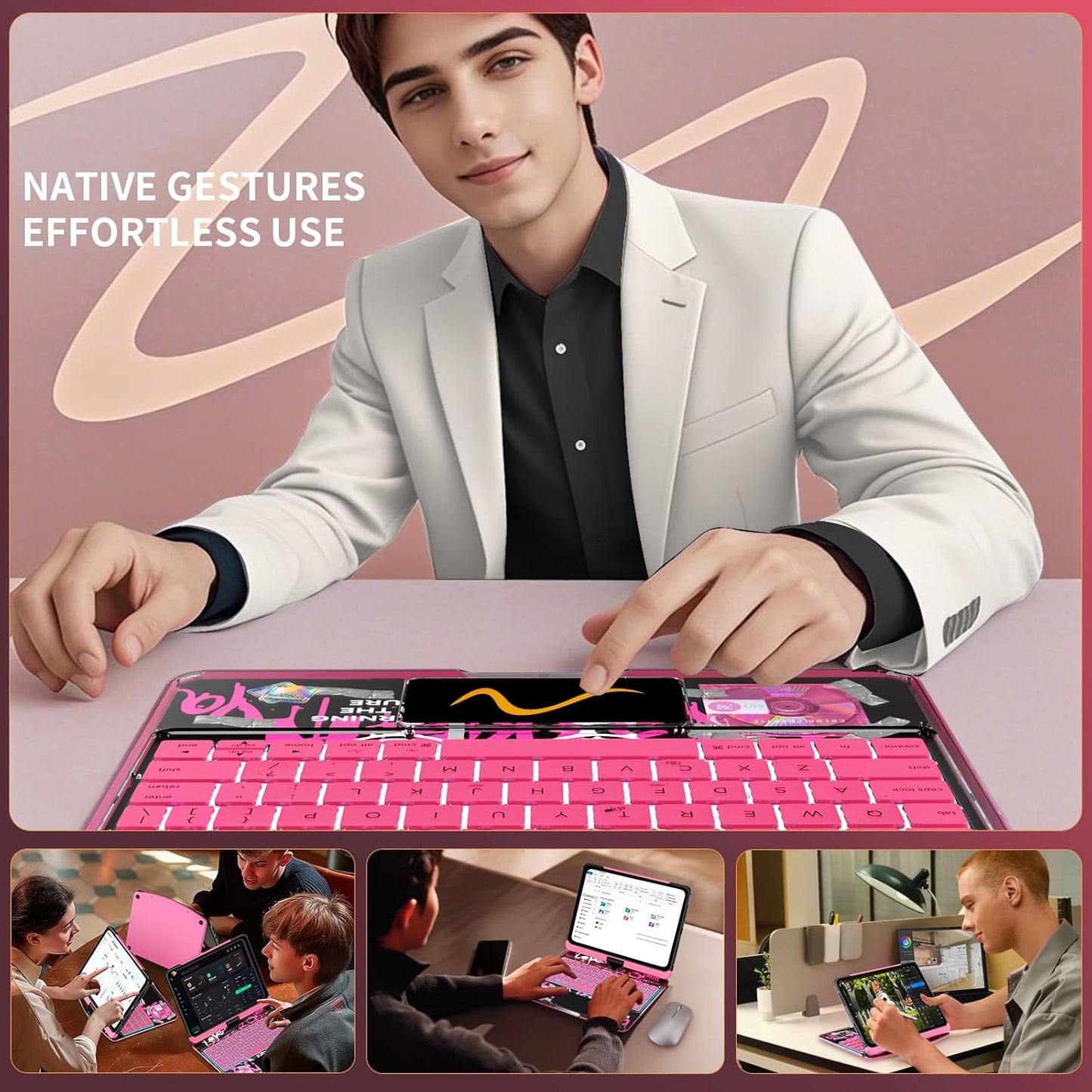 2026 iFacemall Y2K Pink 360° Rotatable iPad Magic Keyboard with 7-Color Backlight & Transparent Case with Pencil Holder