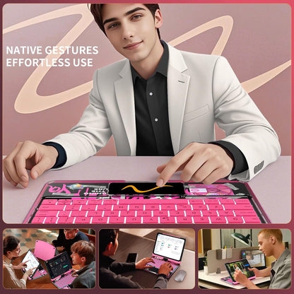 2026 iFacemall Y2K Pink 360° Rotatable iPad Magic Keyboard with 7-Color Backlight & Transparent Case with Pencil Holder