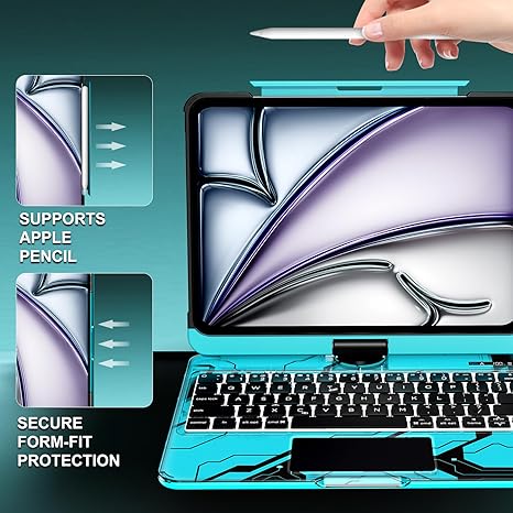 iFacemall Y2K Blue 360° Rotating iPad Magic Keyboard – Multi-Touch Trackpad, RGB Backlight, Transparent Case & Pencil Holder