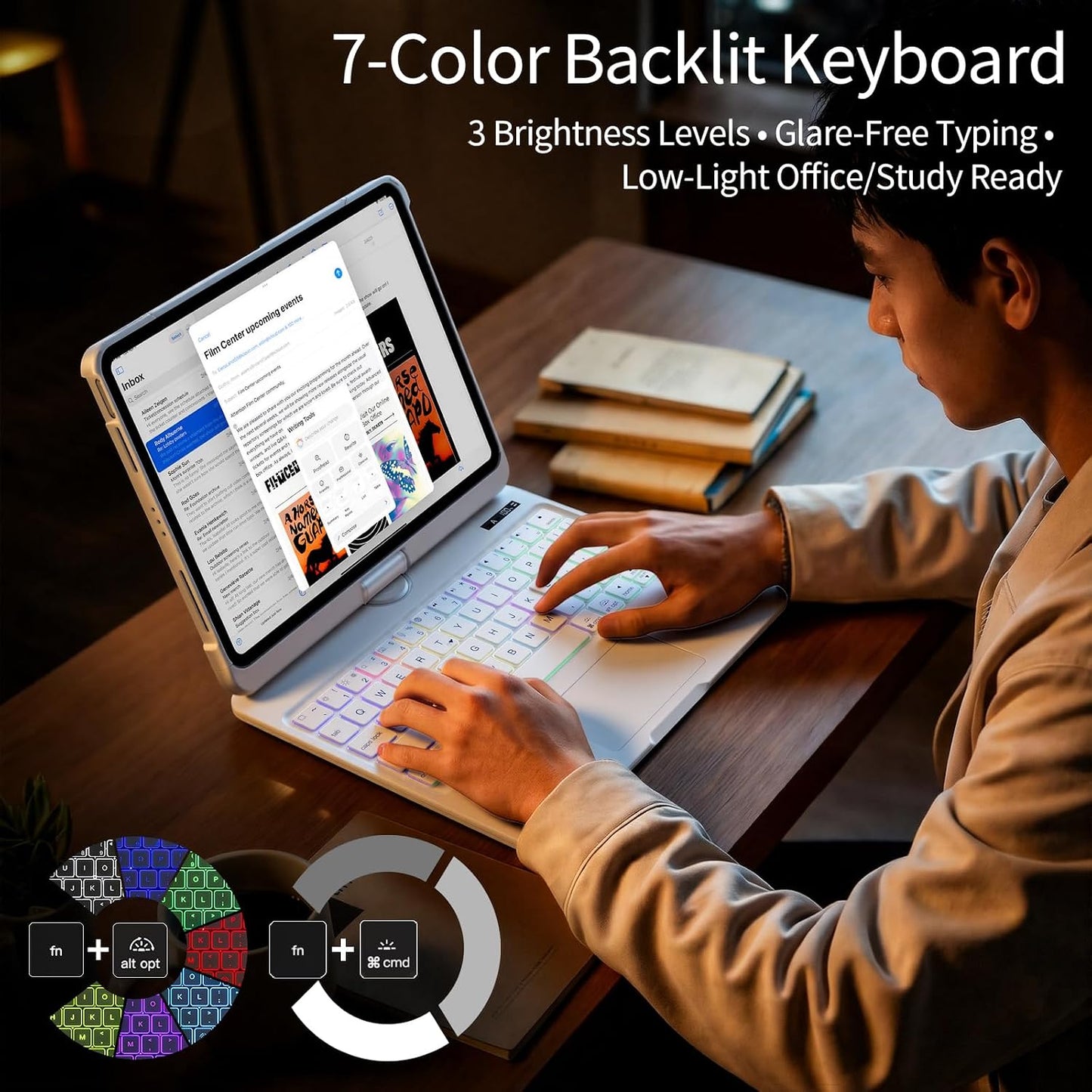 iFacemall White Keyboard Case for iPad,360° Rotating Multi-Touch Trackpad, 7-Color Backlit Keyboard, Compatible with Apple All Model released from 2018 to 2026