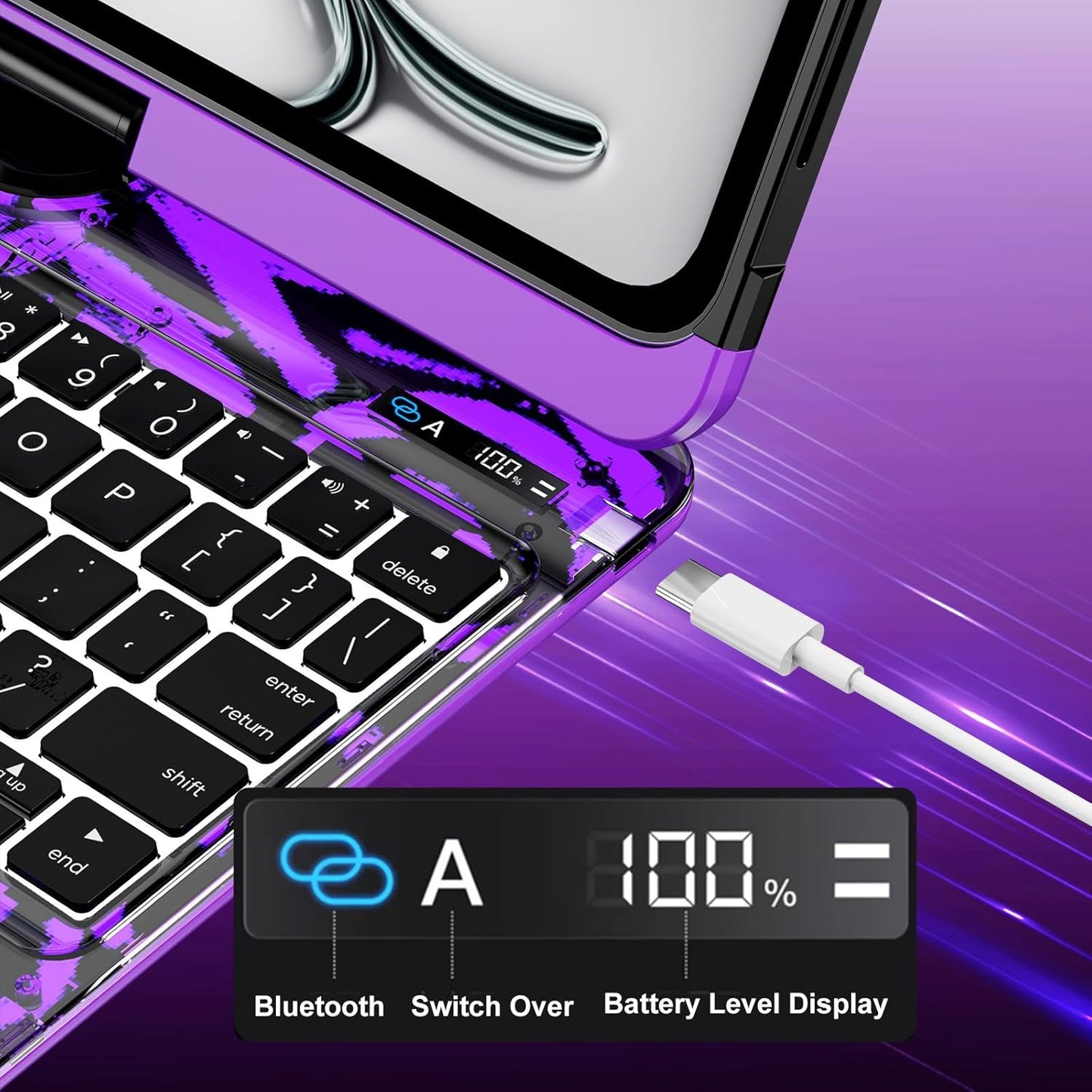 iFacemall Y2K Purple iPad Magic Keyboard Case – 360° Rotating, RGB Backlight, Multi-Touch Trackpad, Pencil Holder & Type-C Charging