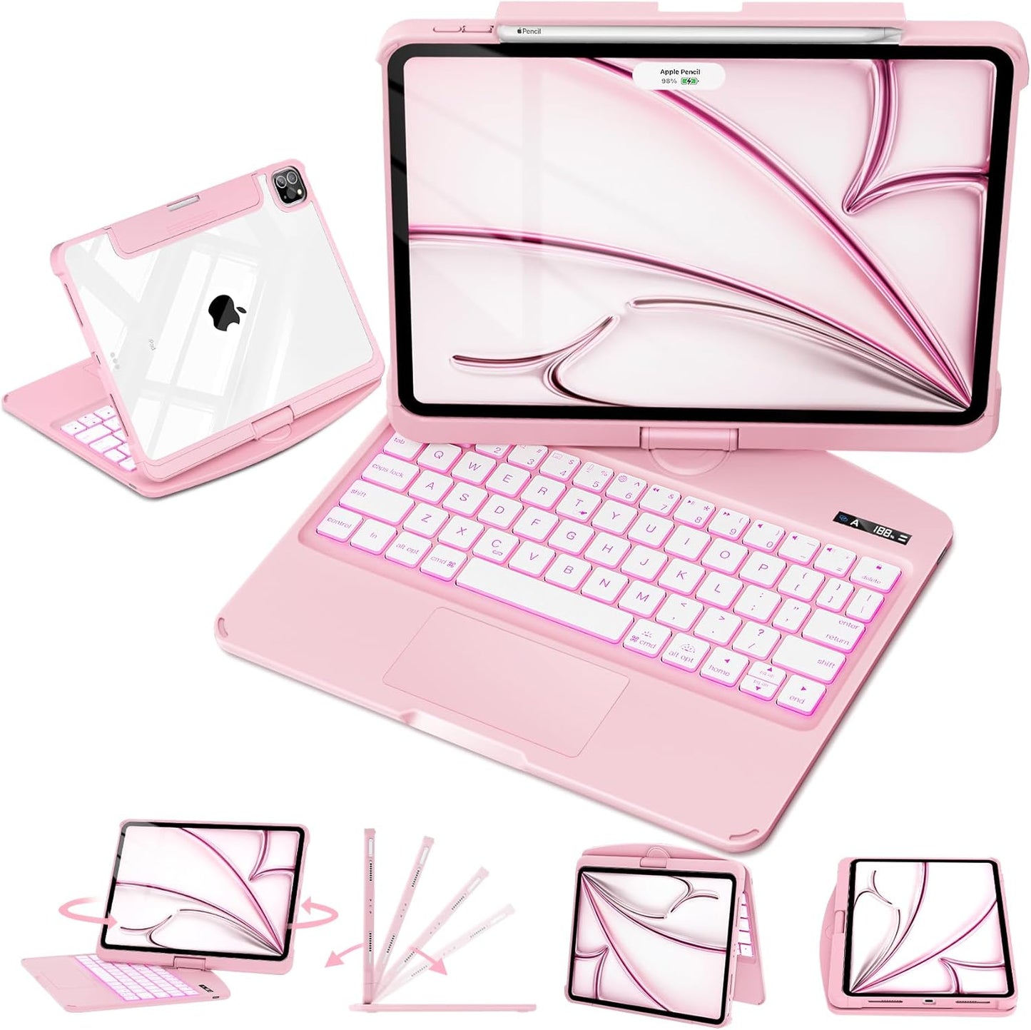 iFacemall Blush Pink Keyboard Case for iPad ,Touch Case 360° Rotating with Keyboard for iPad 12.9 inch,Trackpad,7-Colors Backlit