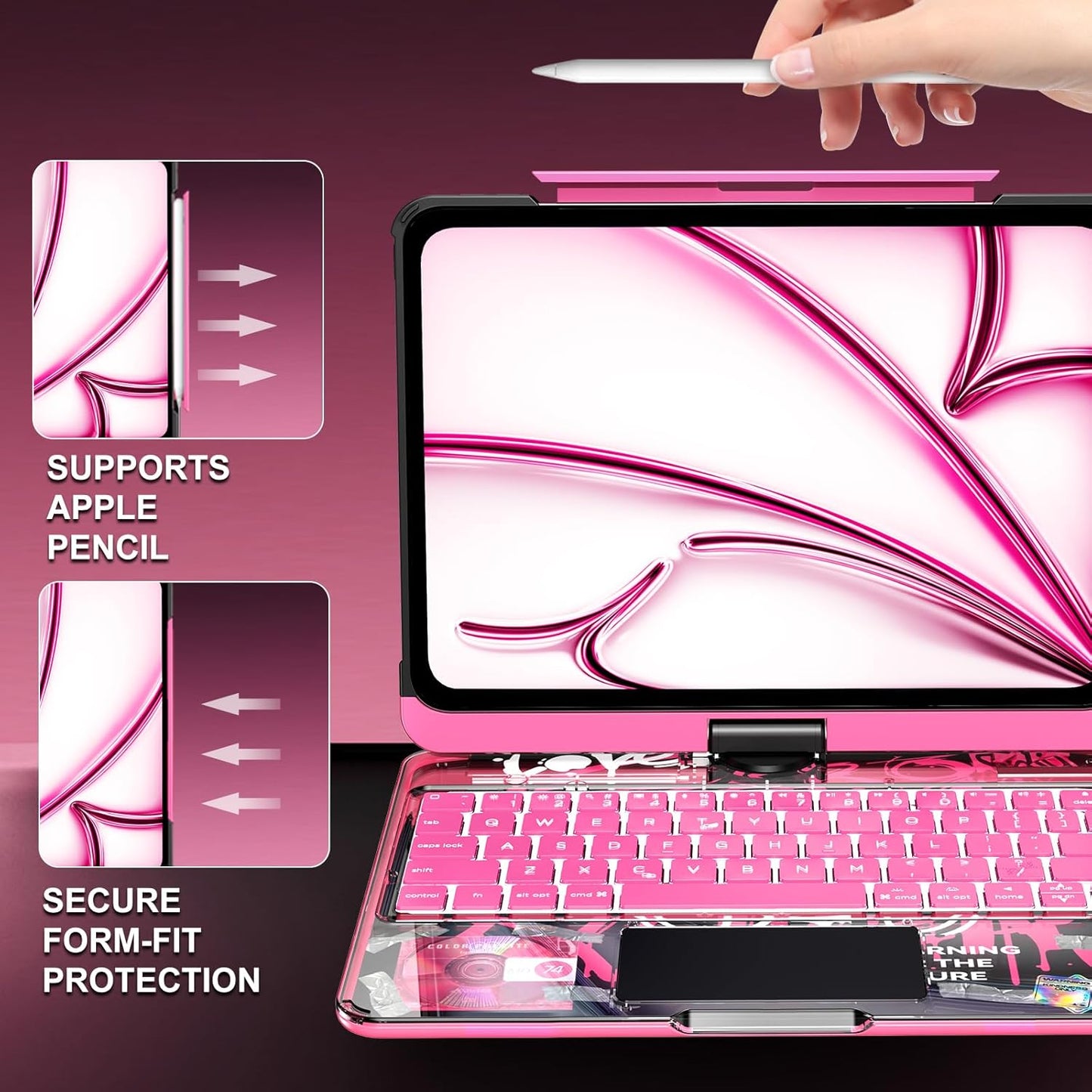 2026 iFacemall Y2K Pink 360° Rotatable iPad Magic Keyboard with 7-Color Backlight & Transparent Case with Pencil Holder