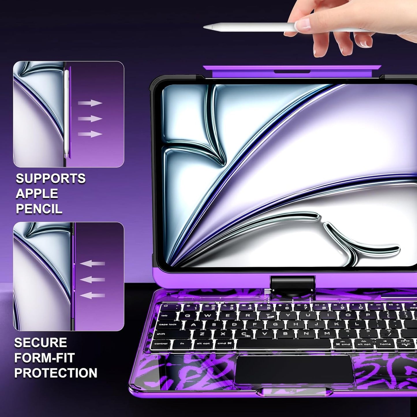 iFacemall Y2K Purple iPad Magic Keyboard Case – 360° Rotating, RGB Backlight, Multi-Touch Trackpad, Pencil Holder & Type-C Charging