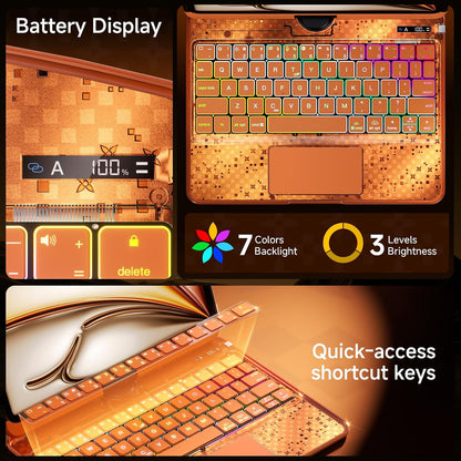 2026 New Y2K Orange iPad Magic Keyboard Case | 360° Rotatable Keyboard with 7-Color Backlight, Transparent Cover & Pencil Holder for iPad 2018-2026