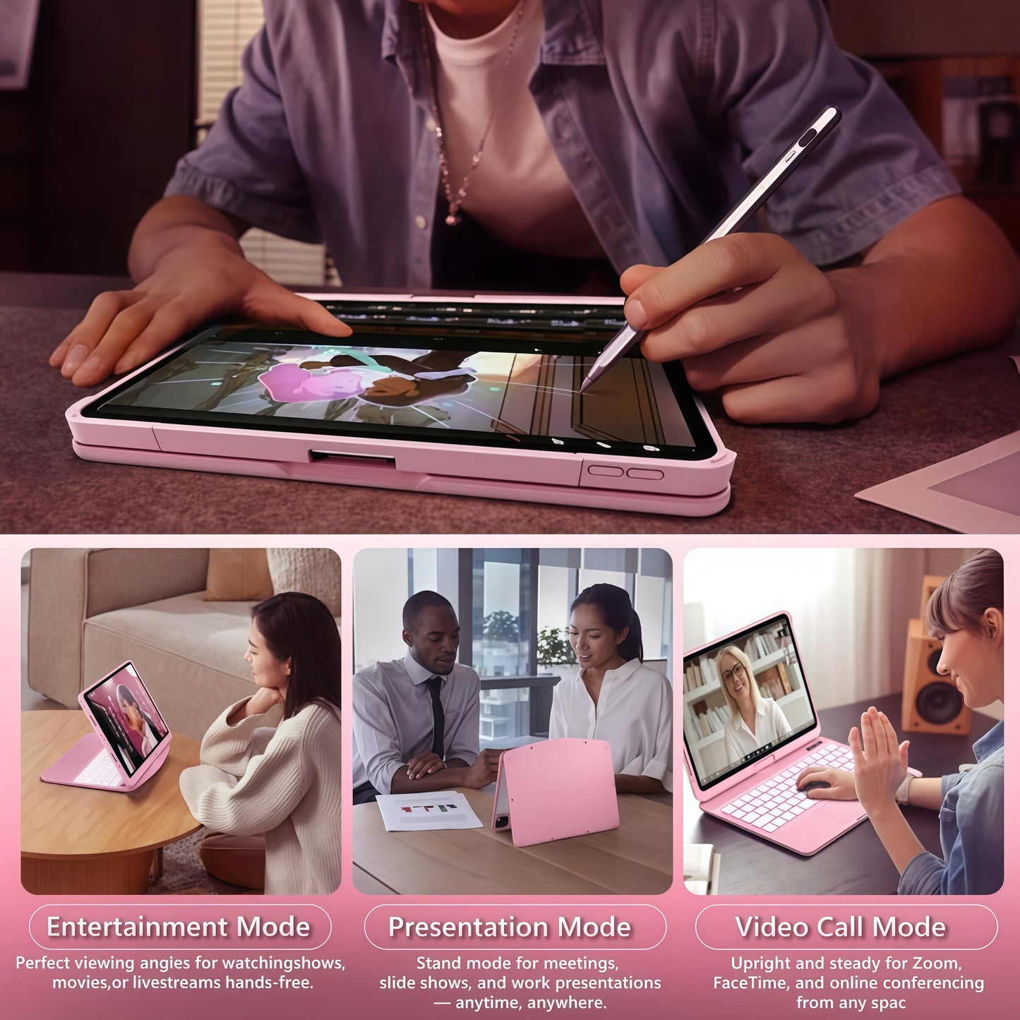 iFacemall Blush Pink Keyboard Case for iPad ,Touch Case 360° Rotating with Keyboard for iPad 12.9 inch,Trackpad,7-Colors Backlit