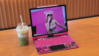 2026 iFacemall Y2K Pink 360° Rotatable iPad Magic Keyboard with 7-Color Backlight & Transparent Case with Pencil Holder